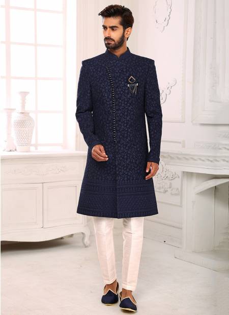 Navy Blue Colour Party Wear Jacquard Nawabi Indo Western Collection 1115